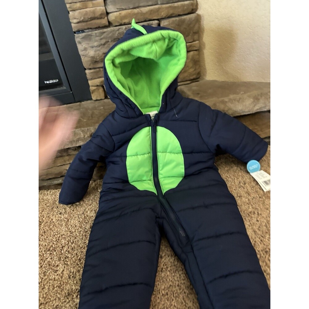 Carters 6-9 Months Dinosaur Snowsuit New Navy And Green One Piece Hood  NEW